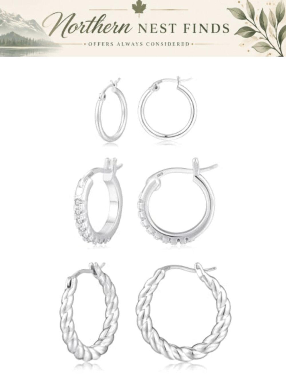 Sterling Silver Hoop Earrings Set Hypoallergenic Cubic Zirconia Huggie Hoops
